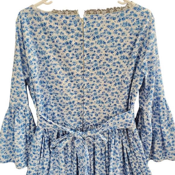 Prairie Cottage Core Maxi Dress Blue & White Floral Poet Sleeve Women's Med - Picture 5 of 11